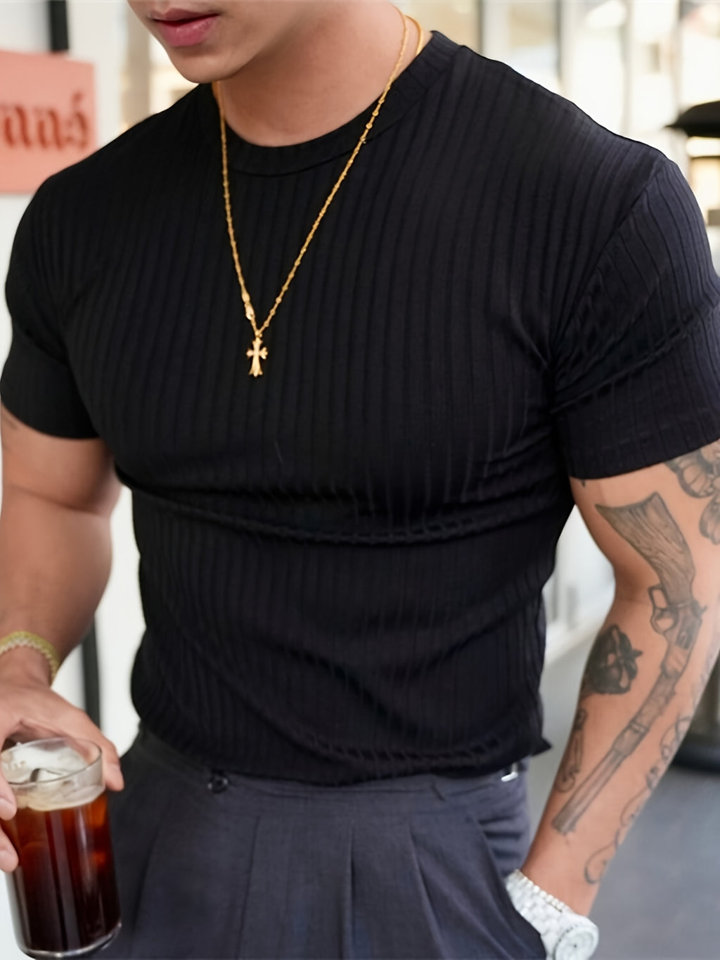 Men'S Summer Ribbed T-Shirt, Stylish, Comfortable, And Breathable, Perfect for Casual Outings